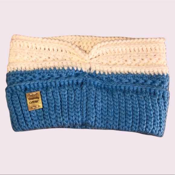 Ear Warmer Bun Beanie Headband Winter Hat White & Lt Blue - Picture 4 of 9